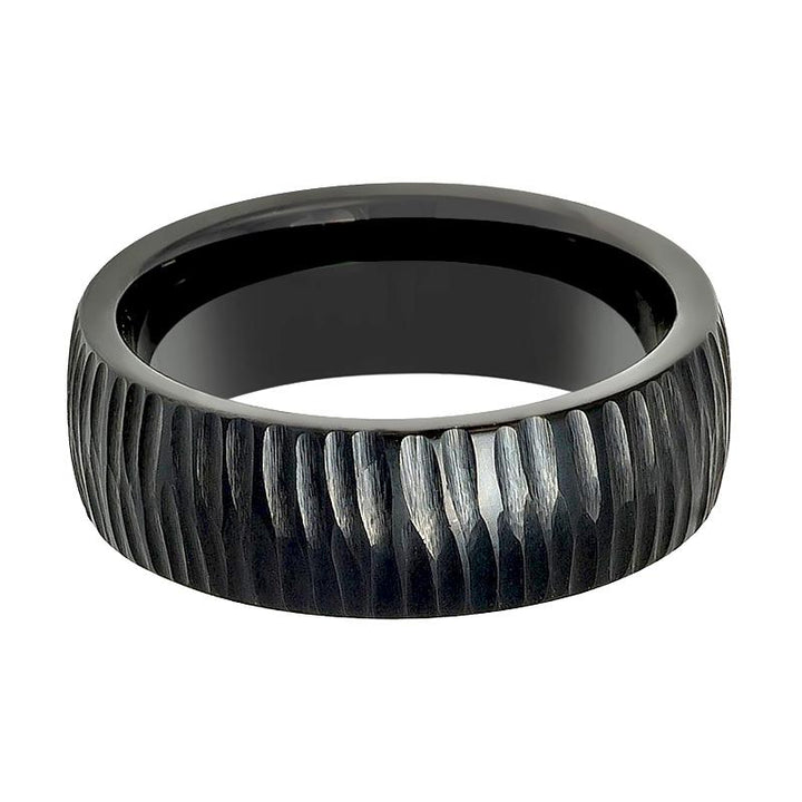Tree Bark Carved Textured Finished Men's Black Tungsten Wedding Band - 8MM
