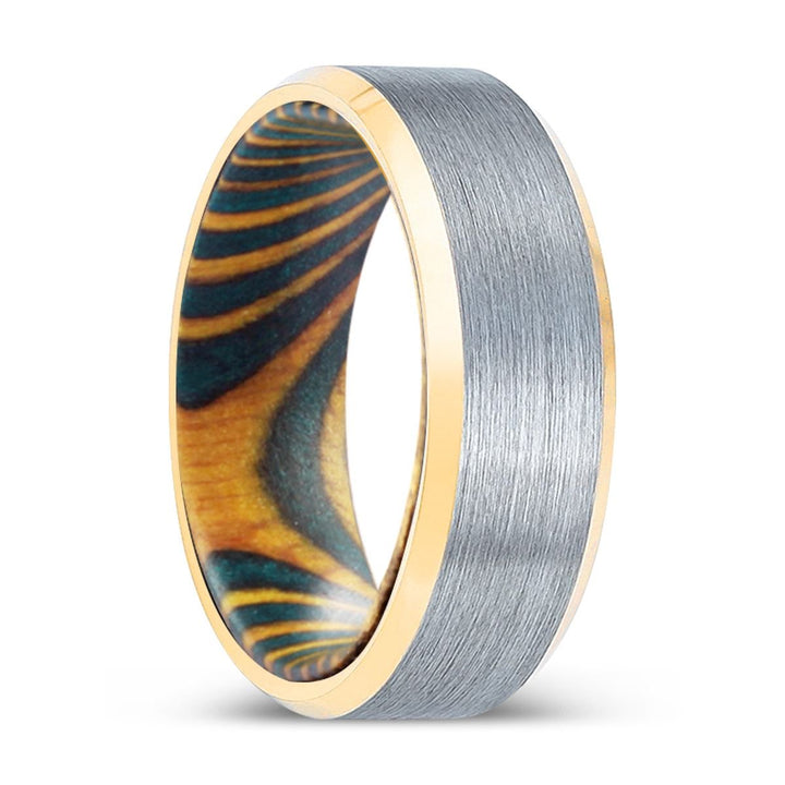 TREEBEARD | Green & Yellow Wood, Brushed, Silver Tungsten Ring, Gold Beveled Edges - Rings - Aydins Jewelry - 1