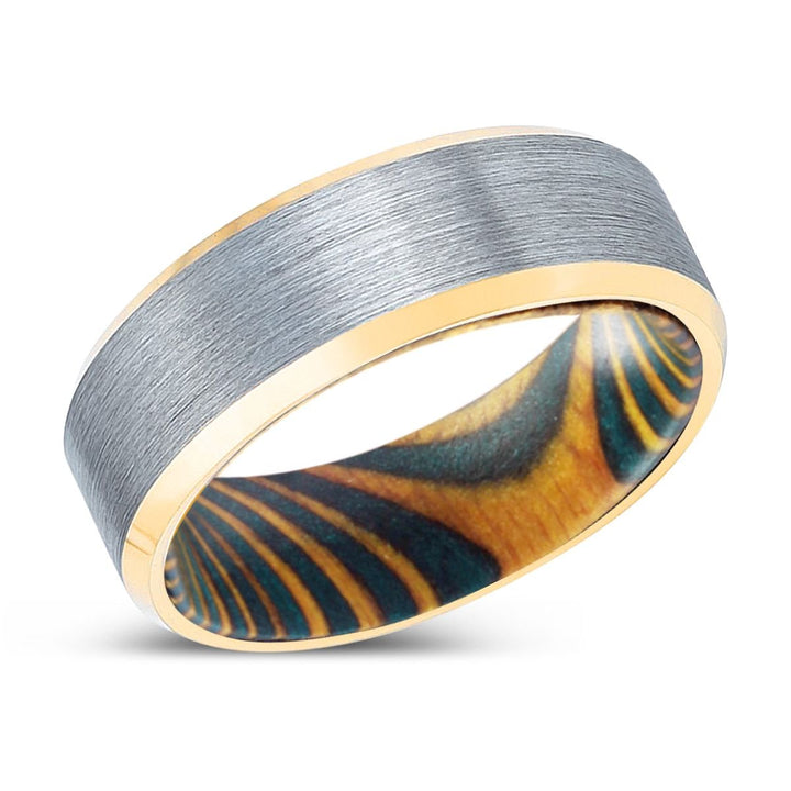 TREEBEARD | Green & Yellow Wood, Brushed, Silver Tungsten Ring, Gold Beveled Edges - Rings - Aydins Jewelry - 2
