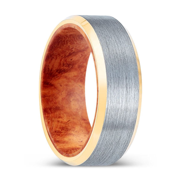 TREEFANG | Red Burl Wood, Brushed, Silver Tungsten Ring, Gold Beveled Edges - Rings - Aydins Jewelry - 1