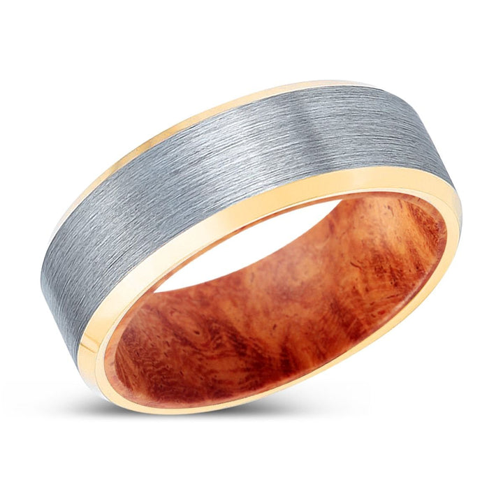 TREEFANG | Red Burl Wood, Brushed, Silver Tungsten Ring, Gold Beveled Edges - Rings - Aydins Jewelry - 2