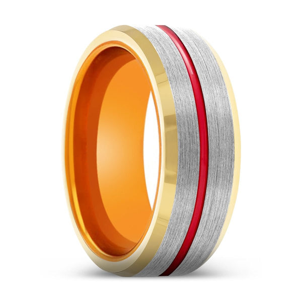TRIBAL | Orange Ring, Silver Tungsten Ring, Red Groove, Gold Beveled Edge