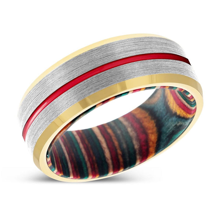 TRIBUTARY | Multi Color Wood, Silver Tungsten Ring, Red Groove, Gold Beveled Edge - Rings - Aydins Jewelry - 2