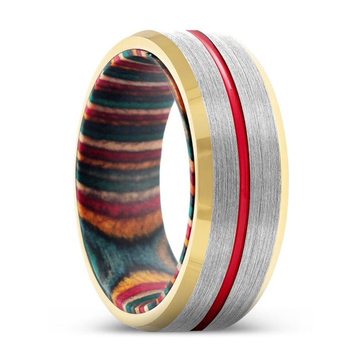 TRIBUTARY | Multi Color Wood, Silver Tungsten Ring, Red Groove, Gold Beveled Edge - Rings - Aydins Jewelry - 1