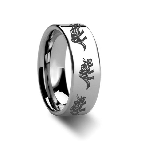 Dinosaur Teradactyl Print Engraved Flat Tungsten Wedding Ring for