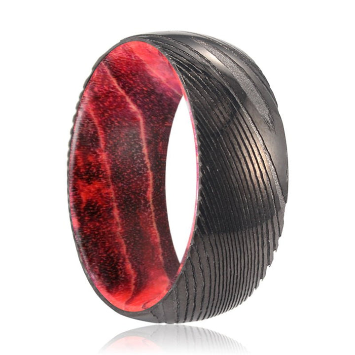 TRIMAX | Black & Red Wood, Gunmetal Damascus Steel Ring, Domed - Rings - Aydins Jewelry - 1