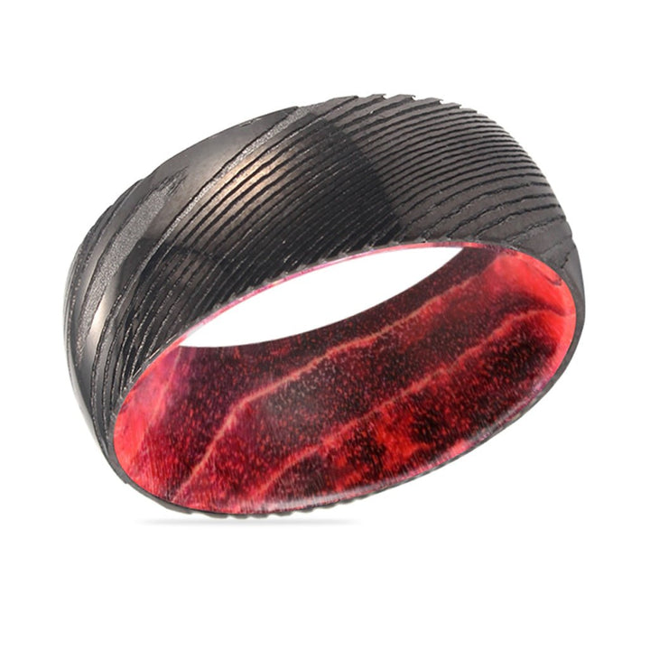 TRIMAX | Black & Red Wood, Gunmetal Damascus Steel Ring, Domed - Rings - Aydins Jewelry - 2