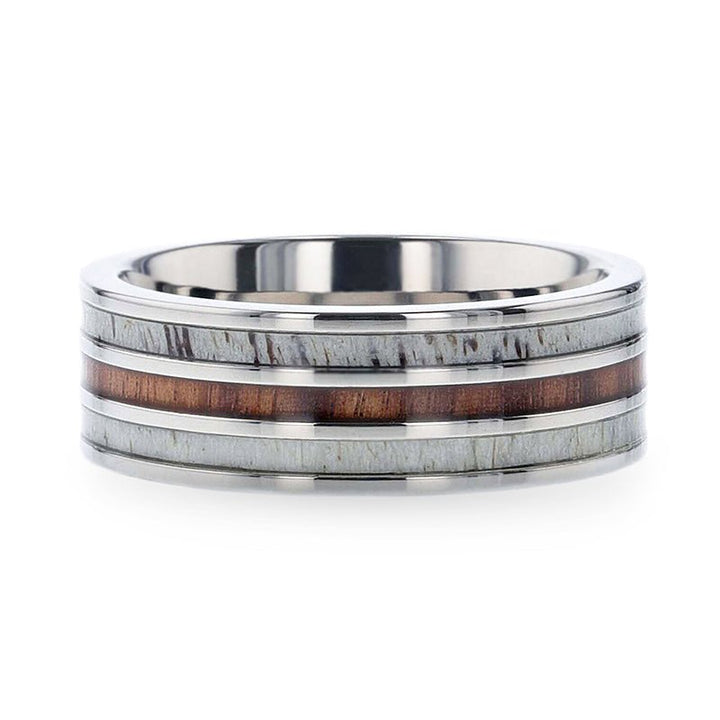 TRIPOLI | Silver Titanium Ring, Koa Wood, Deer Antler Inlay, Flat - Rings - Aydins Jewelry - 3