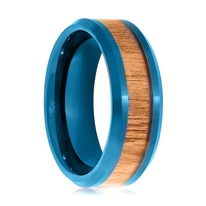 TROPICUS | Blue Tungsten Ring, Koa Wood Inlay, Beveled Edge - Rings - Aydins Jewelry