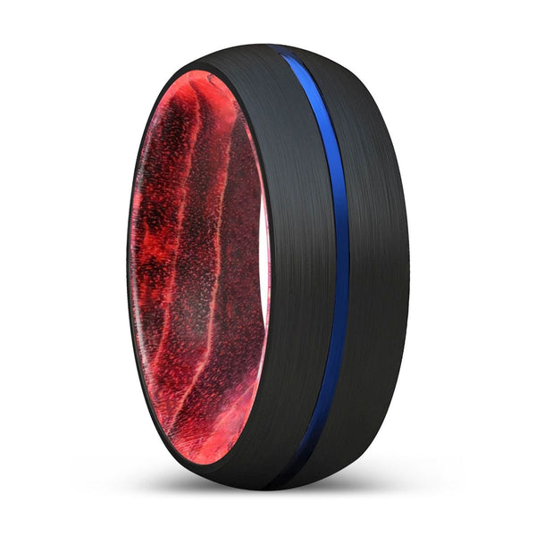 TRYSTAN | Black & Red Wood, Black Tungsten Ring, Blue Groove, Domed - Rings - Aydins Jewelry - 1