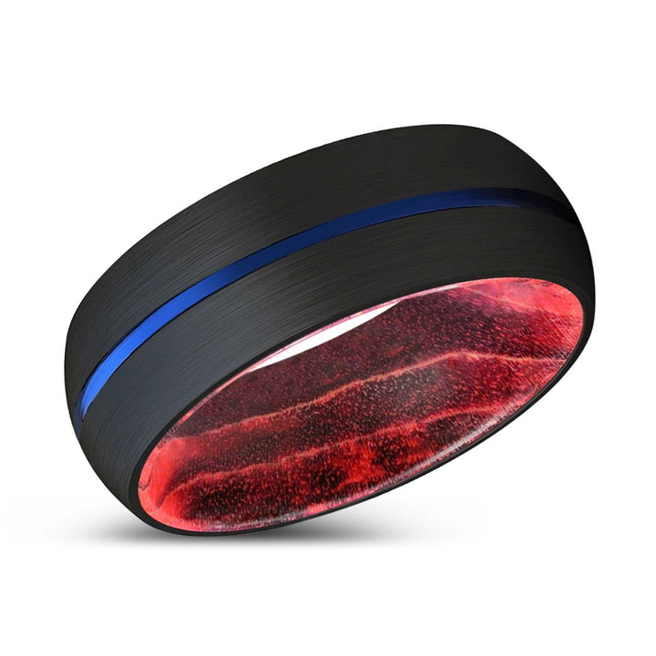 TRYSTAN | Black & Red Wood, Black Tungsten Ring, Blue Groove, Domed - Rings - Aydins Jewelry - 2
