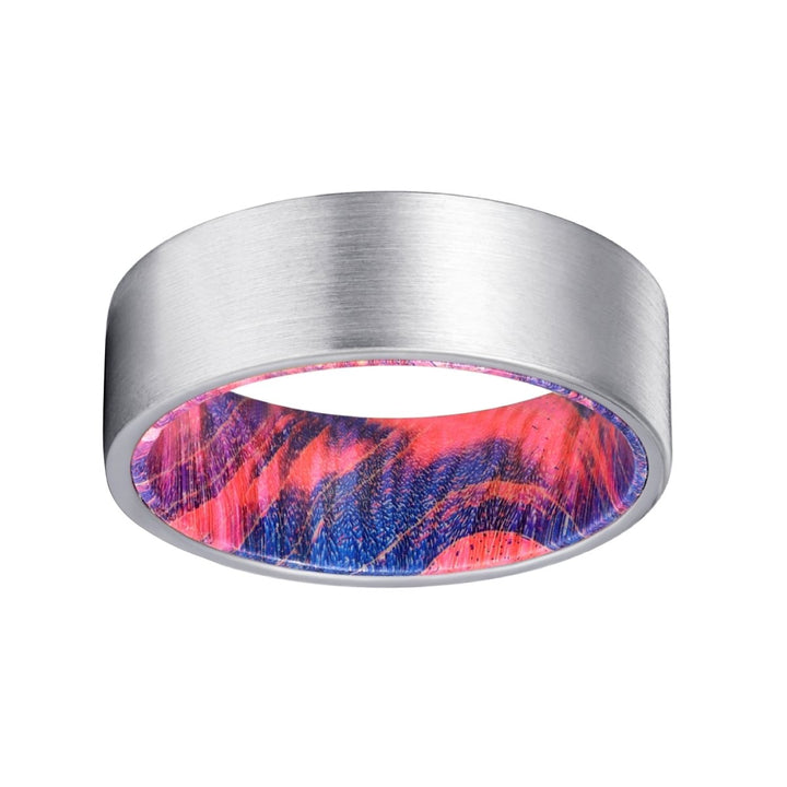 TSUNAMI | Blue and Red Wood, Silver Tungsten Ring, Brushed, Flat - Rings - Aydins Jewelry - 2