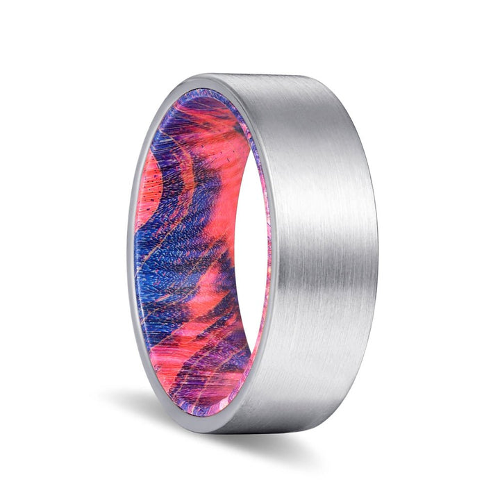 TSUNAMI | Blue and Red Wood, Silver Tungsten Ring, Brushed, Flat - Rings - Aydins Jewelry - 1