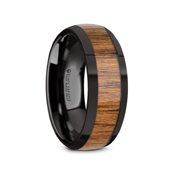 TULIAN | Black Ceramic Ring, Teak Wood Inlay, Domed