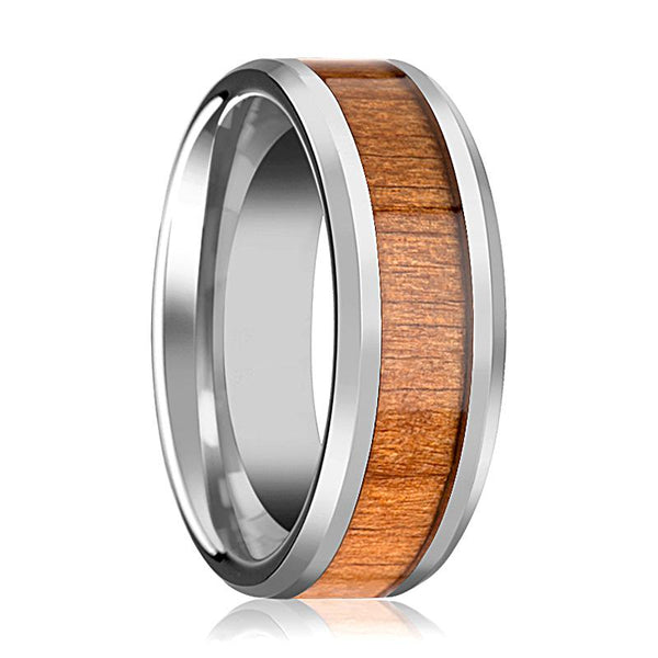 BRUNSWICK | Silver Tungsten Ring, American Cherry Wood Inlay, Beveled - Rings - Aydins Jewelry - 1