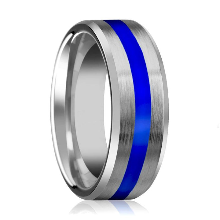 Tungsten Wedding Band for Men with Blue Stripe Inlay & Beveled Edges Polished Finish - 8MM - Rings - Aydins Jewelry - 1