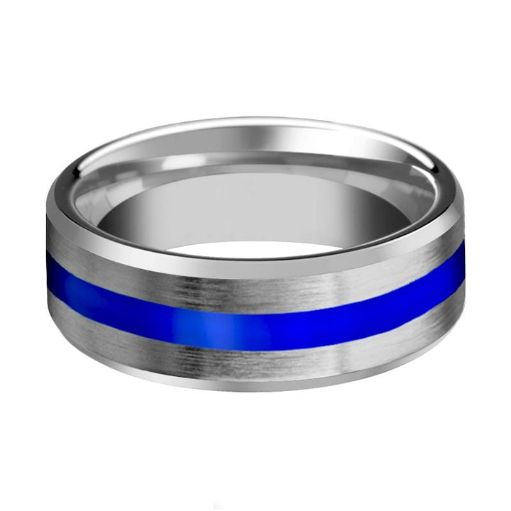 Tungsten Wedding Band for Men with Blue Stripe Inlay & Beveled Edges Polished Finish - 8MM - Rings - Aydins Jewelry - 2