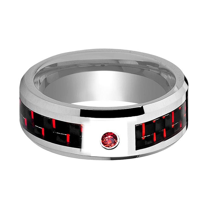 ADRIAN | Silver Tungsten Ring, Red Ruby Stone, Red & Black Carbon Fiber Inlay, Beveled - Rings - Aydins Jewelry - 2