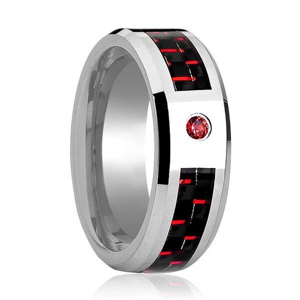ADRIAN | Silver Tungsten Ring, Red Ruby Stone, Red & Black Carbon Fiber Inlay, Beveled