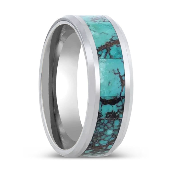 TURKIS | Tungsten Ring, Turquoise Spider, Beveled Polished Edges - Rings - Aydins Jewelry