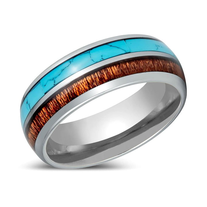 TURKOA | Silver Tungsten Ring, Turquoise & Koa Wood Inlay, Domed - Rings - Aydins Jewelry - 2