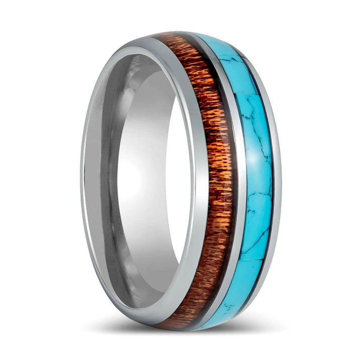 TURKOA | Silver Tungsten Ring, Turquoise & Koa Wood Inlay, Domed - Rings - Aydins Jewelry - 1
