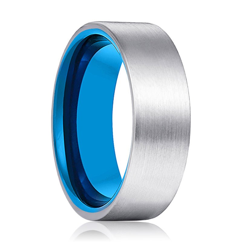 TURKS | Blue Ring, Silver Tungsten Ring, Brushed, Flat