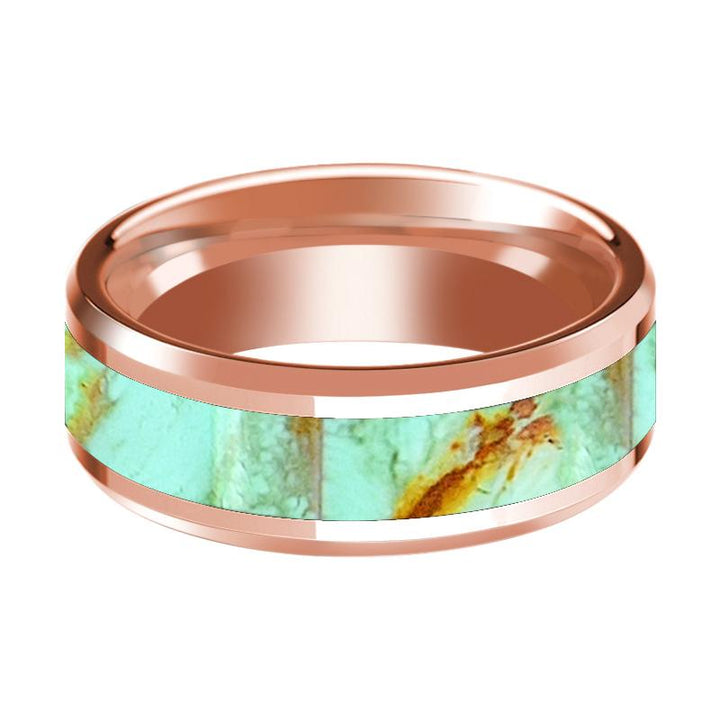 Turquoise Stone Inlaid 14K Rose Gold Polished Wedding Band for Men with Beveled Edges - 8MM - Rings - Aydins Jewelry - 2