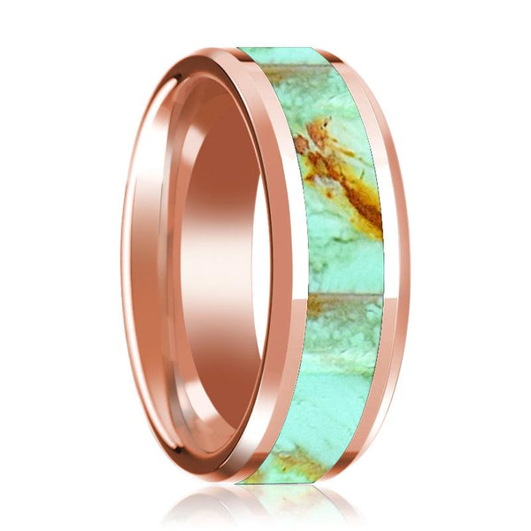 Turquoise Stone Inlaid 14K Rose Gold Polished Wedding Band for Men with Beveled Edges - 8MM - Rings - Aydins Jewelry - 1