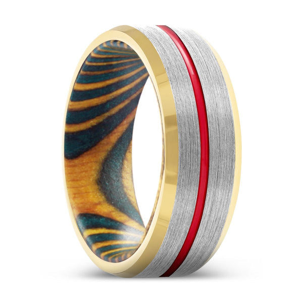 TWISTER | Green and Yellow Wood, Silver Tungsten Ring, Red Groove, Gold Beveled Edge - Rings - Aydins Jewelry - 1