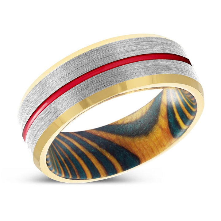 TWISTER | Green and Yellow Wood, Silver Tungsten Ring, Red Groove, Gold Beveled Edge - Rings - Aydins Jewelry - 2