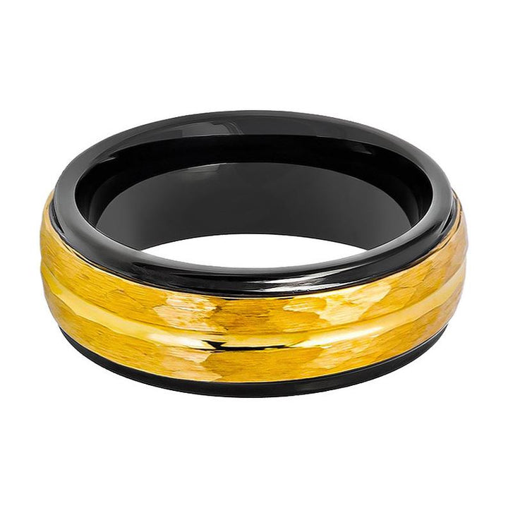 Two Tone Black Inside and yellow Gold Hammered Finish with Center Groove Stepped Edge - Rings - Aydins Jewelry - 2