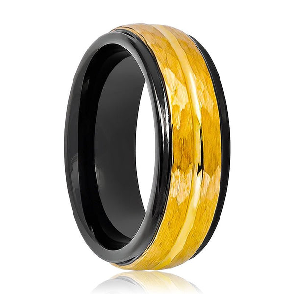 Two Tone Black Inside and yellow Gold Hammered Finish with Center Groove Stepped Edge - Rings - Aydins Jewelry - 1