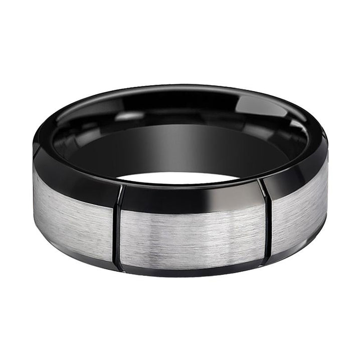Two Tone Tungsten Men's Pinky Ring with Multiple Brushed Vertical Grooves Beveled Edges - 8MM - Rings - Aydins Jewelry