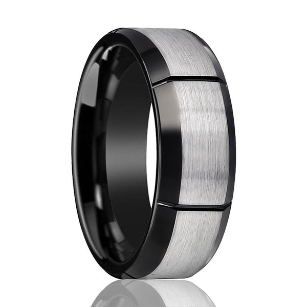 Two Tone Tungsten Men's Pinky Ring with Multiple Brushed Vertical Grooves Beveled Edges - 8MM - Rings - Aydins Jewelry - 1