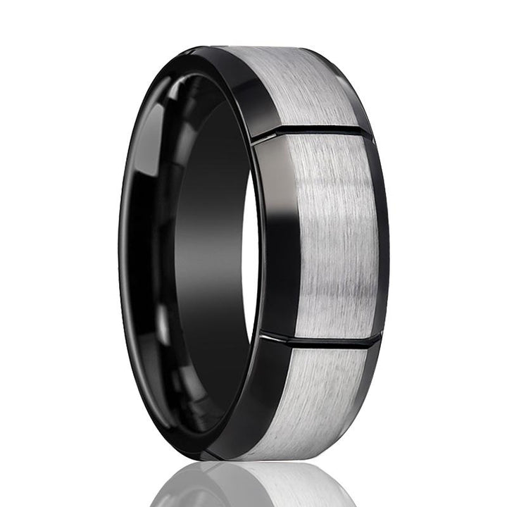 Two Tone Tungsten Men's Pinky Ring with Multiple Brushed Vertical Grooves Beveled Edges - 8MM - Rings - Aydins Jewelry