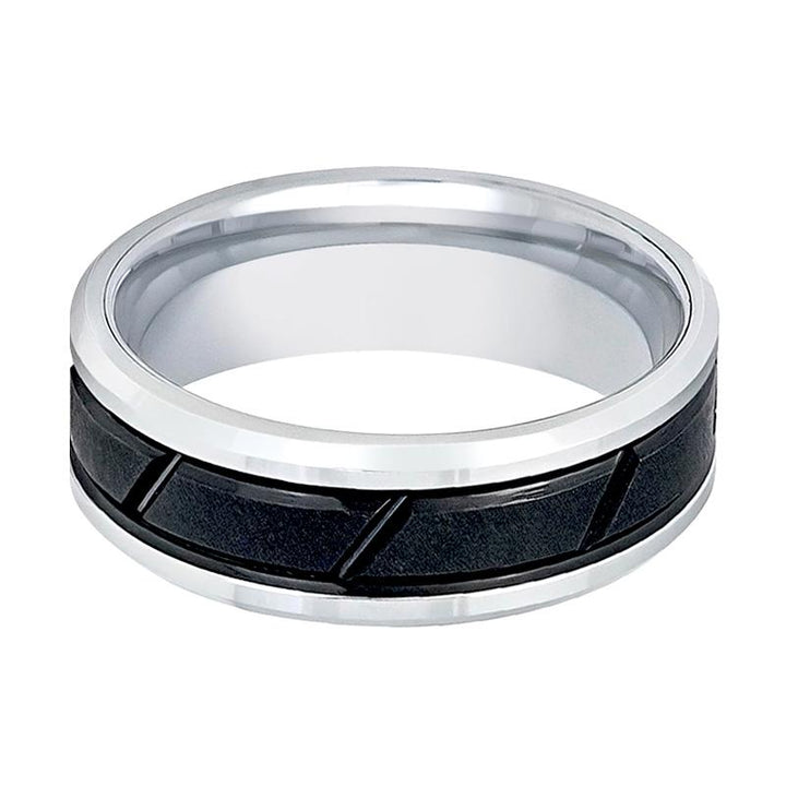 Two Tone Tungsten Wedding Band for Men with Black Diagonal Grooved Center and Silver Beveled Edges - 8MM