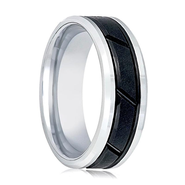 Two Tone Tungsten Wedding Band for Men with Black Diagonal Grooved Center and Silver Beveled Edges - 8MM - Rings - Aydins Jewelry - 1