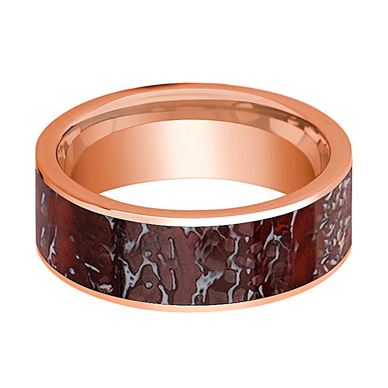 Dinosaur Bone inlay 14k rose gold wedding band, side profile