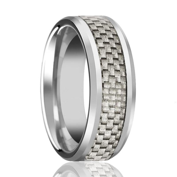 ULTIMUS | Silver Tungsten Ring, White Carbon Fiber Inlay, Beveled - Rings - Aydins Jewelry - 1