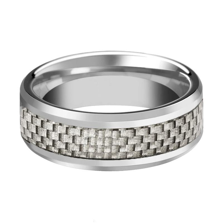 ULTIMUS | Silver Tungsten Ring, White Carbon Fiber Inlay, Beveled