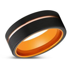 ULTRON | Orange Ring, Black Tungsten Ring, Rose Gold Offset Groove, Brushed, Flat - Rings - Aydins Jewelry - 2