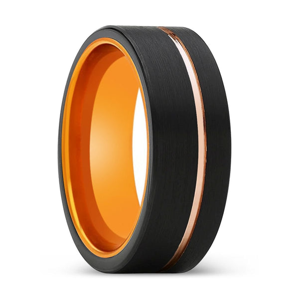ULTRON | Orange Ring, Black Tungsten Ring, Rose Gold Offset Groove, Brushed, Flat