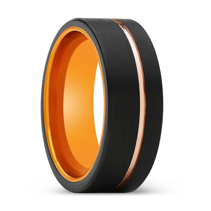ULTRON | Orange Ring, Black Tungsten Ring, Rose Gold Offset Groove, Brushed, Flat - Rings - Aydins Jewelry - 1