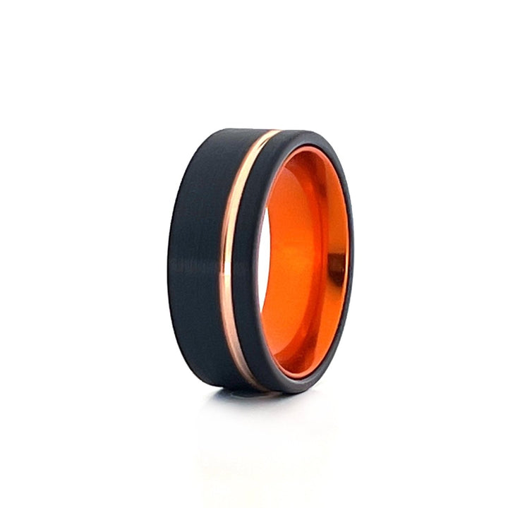 ULTRON | Orange Ring, Black Tungsten Ring, Rose Gold Offset Groove, Brushed, Flat - Rings - Aydins Jewelry - 3
