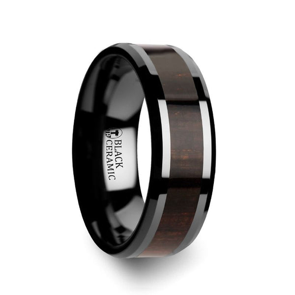 UMBRA | Black Ceramic Ring, Ebony Wood Inlay, Beveled