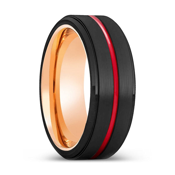 UNDERTAKER | Rose Gold Ring, Black Tungsten Ring, Red Groove, Stepped Edge