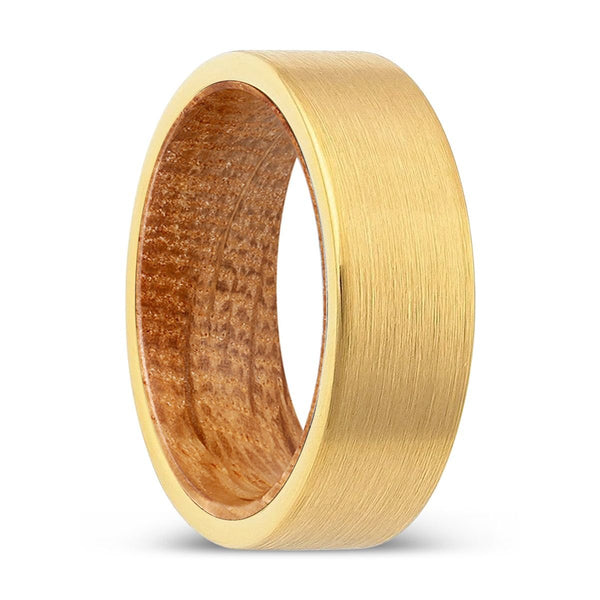 URBEN | Whiskey Barrel Wood, Gold Tungsten Ring, Brushed, Flat