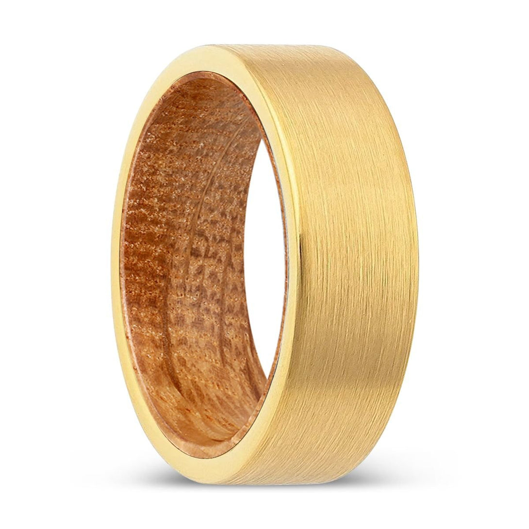 URBEN | Whiskey Barrel Wood, Gold Tungsten Ring, Brushed, Flat - Rings - Aydins Jewelry - 1