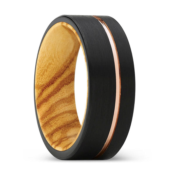 UTOPIA | Olive Wood, Black Tungsten Ring, Rose Gold Offset Groove, Brushed, Flat - Rings - Aydins Jewelry - 1
